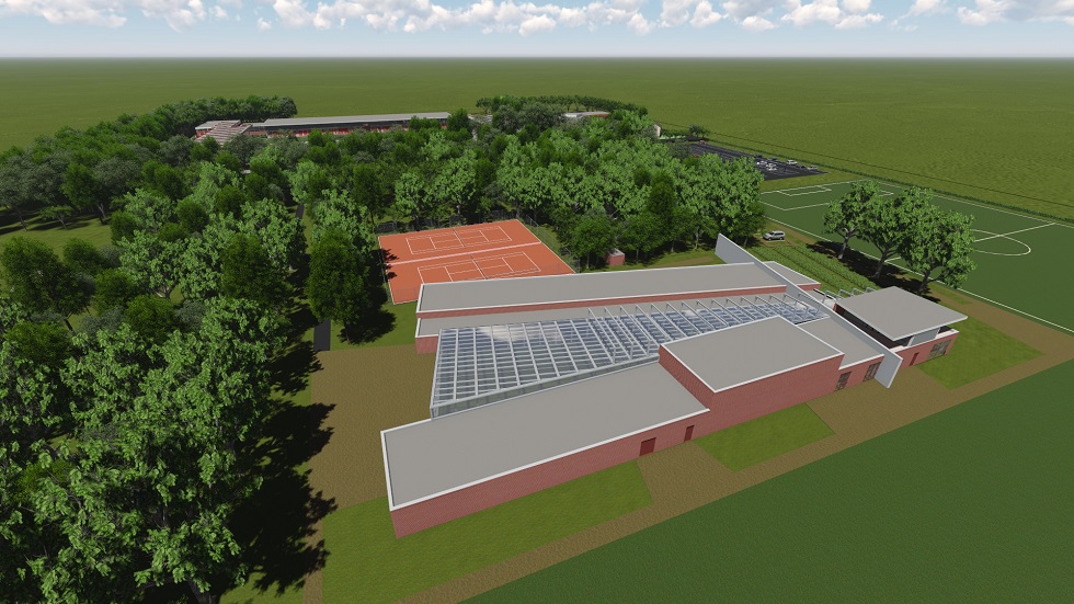 Een impressie van het toekomstige beeld van De Herdgang. Op de voorgrond het nieuwe profgedeelte, op de achtergrond het stadion aan de jeugdzijde.