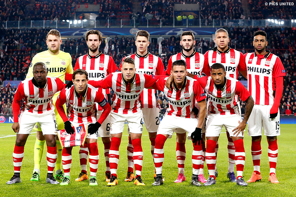 Met deze elf, onder wie Andrés Guardado, begon PSV aan het Champions League-duel met Atlético | © Pics United