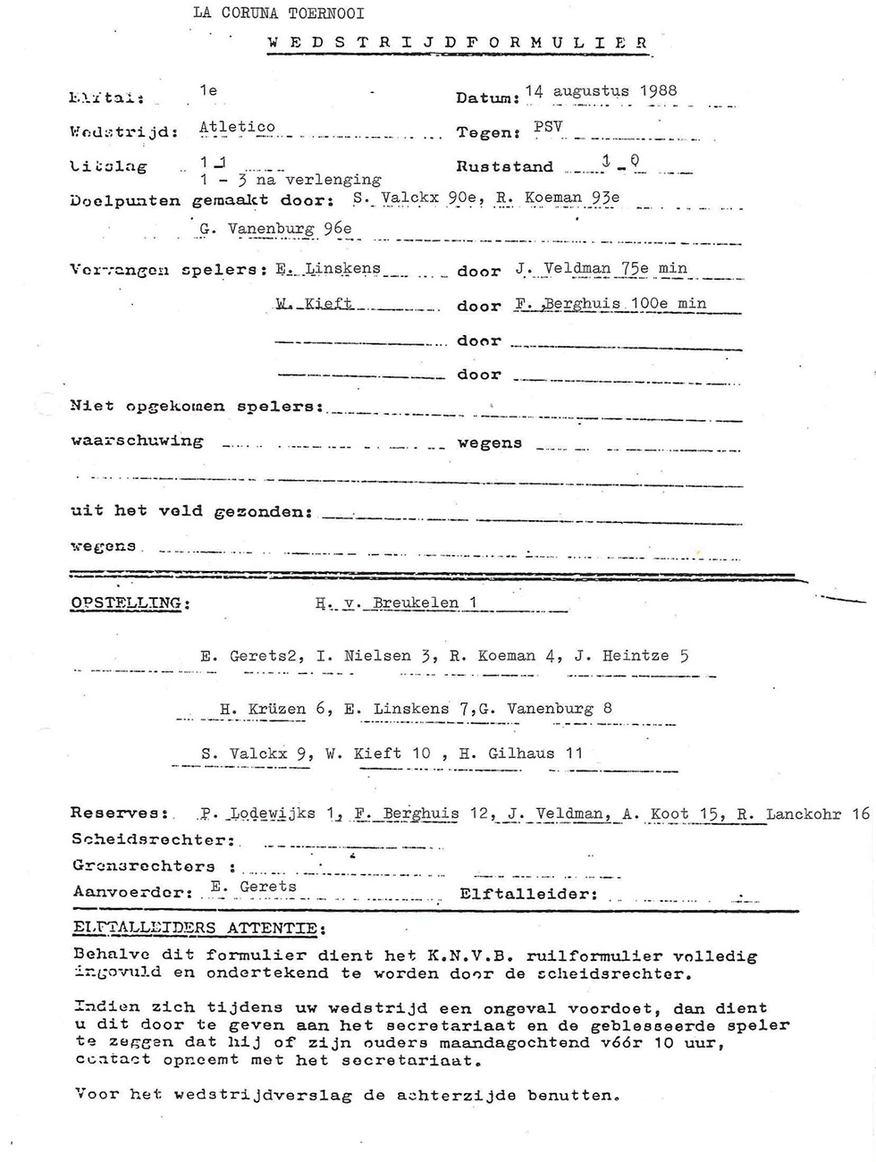 Het officiële wedstrijddocument van Atlético - PSV op het toernooi | © PSV Archief