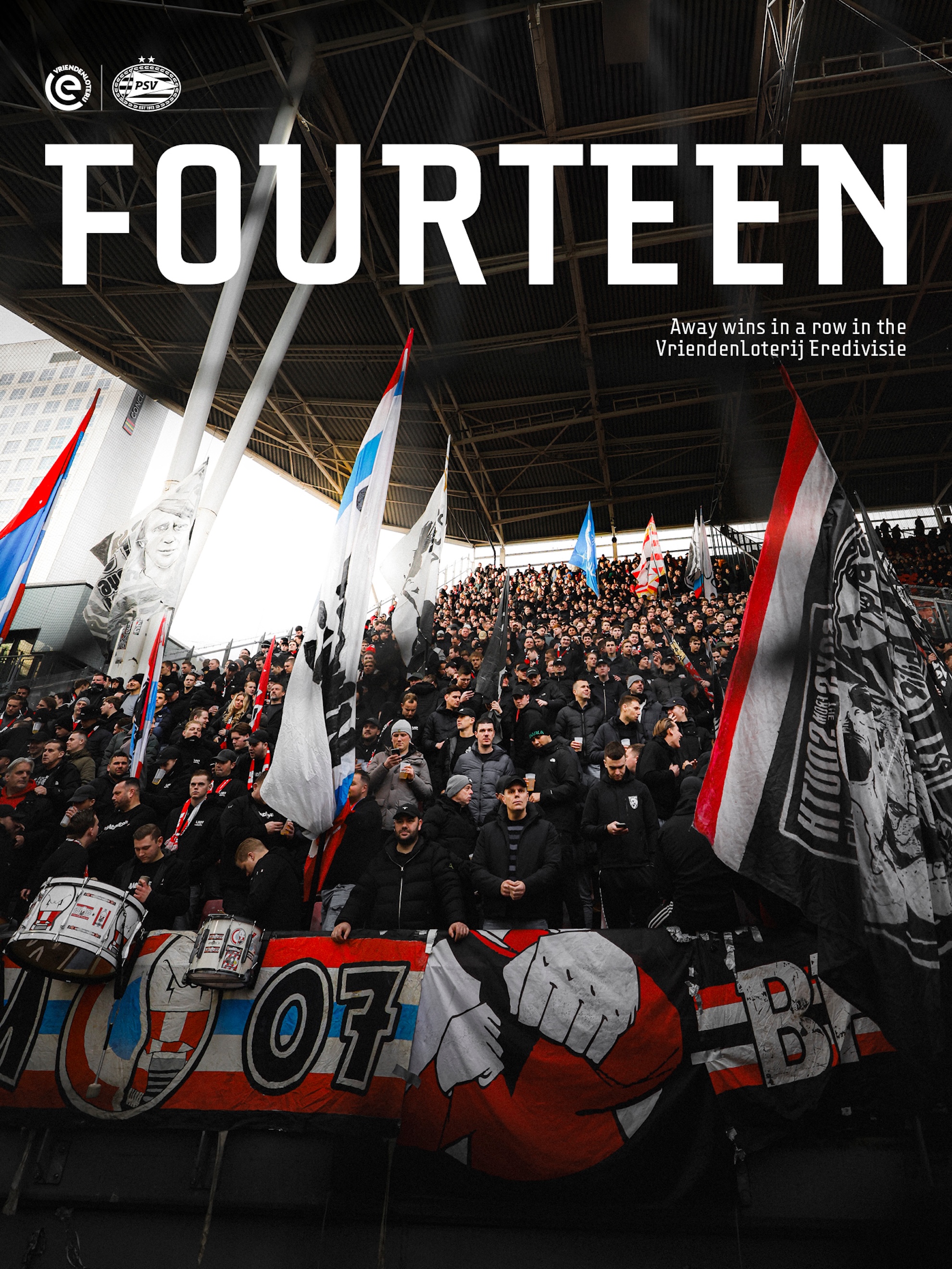 PSV is de eerste club die veertien uitduels op rij wint in de VriendenLoterij Eredivisie